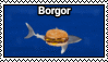 A stamp depicing a shark rapidly swimming around a burger, with the text borgor