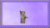 A stamp depicing a cat jumping up and down on a purple background