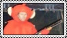 A stamp depicting a man dressed as Po from Teletubbies holding a gun