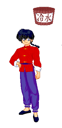 a gif of Ranma getting water poured on his head and turning into a girl